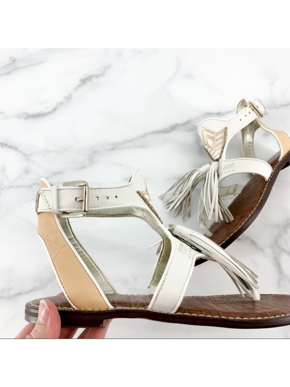 Sam Edelman White and Tan Tassel Gladiator Sandals